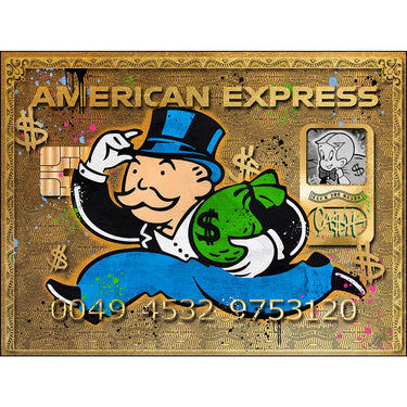 Devin Miles "Amex - Gold" - Limitierter Pop Art Print, Monopoly-Männchen mit Geldsack auf goldenem American-Express-Hintergrund, 75x100 cm