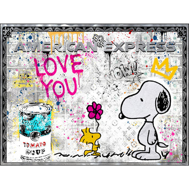 Devin Miles - "Amex Love You" - Limitierter Pop Art Print, Snoopy und Woodstock mit LOVE YOU Schriftzug und Warhol-Elementen, 75x100 cm